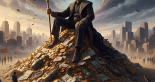 টাকার পাহাড়ের ওপর বসে থাকা একজন ক্ষমতাশালী নেতার ডিজিটাল ইলাস্ট্রেশন যা রাজনৈতিক দুর্নীতি ও সম্পদকে ফুটিয়ে তোলে।