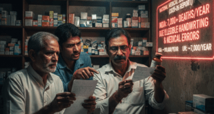 অস্পষ্ট প্রেসক্রিপশন হাতে বিভ্রান্ত রোগী এবং ওষুধের দোকানের চিত্র যা ভুল ওষুধের ঝুঁকিকে তুলে ধরে।