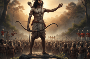 বীর বিরসা মুন্ডা হাতে তির-ধনুক নিয়ে ব্রিটিশ সেনাদের বিরুদ্ধে আদিবাসী বিদ্রোহ বা উলগুলান-এর নেতৃত্ব দিচ্ছেন।