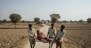 ভারতের জিডিপি বৃদ্ধির গল্পের আড়ালে—গ্রামের মাটির রাস্তায় খাটিয়ায় শুয়ে অসুস্থ ও গর্ভবতী এক মহিলাকে বহন করে বেহাল দশার হাসপাতালে নিয়ে যাচ্ছে তিনজন গ্রামবাসী।