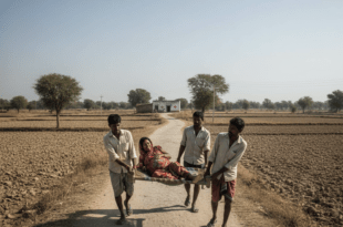 ভারতের জিডিপি বৃদ্ধির গল্পের আড়ালে—গ্রামের মাটির রাস্তায় খাটিয়ায় শুয়ে অসুস্থ ও গর্ভবতী এক মহিলাকে বহন করে বেহাল দশার হাসপাতালে নিয়ে যাচ্ছে তিনজন গ্রামবাসী।