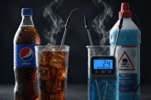 Pepsi Cola Products–এর গ্লাসের পাশে pH মিটারে কম অম্লতার মান এবং টয়লেট ক্লিনারের সঙ্গে তুলনা