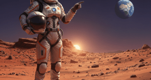 মঙ্গল গ্রহের লাল মাটিতে দাঁড়িয়ে থাকা ভবিষ্যৎ নভোচারী আলিশা কার্সন, যিনি দিগন্তে ঝুলে থাকা পৃথিবীর দিকে নির্দেশ করছেন।