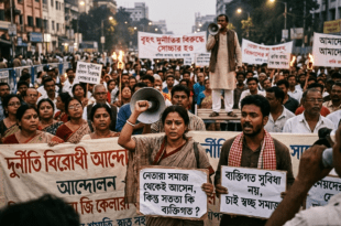 Corruption বা দুর্নীতি বিরোধী গণআন্দোলনে সাধারণ মানুষের প্রতিবাদ, হাতে প্ল্যাকার্ড ও ব্যানার।