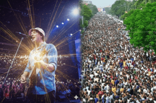 জুবিন গর্গ মঞ্চে গান গাইছেন এবং অন্য পাশে তাঁর শেষযাত্রায় মানুষের জনসমুদ্র।