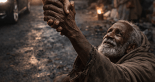 ফুটপাতের মানুষ—অন্ধকারে বসে থাকা এক অসহায় মানুষের দিকে সাহায্যের হাত বাড়িয়ে দিচ্ছে আরেকজন, বেঁচে থাকার লড়াই আর মানবতার এক নির্মম কিন্তু সত্য মুহূর্ত।