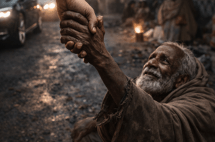 ফুটপাতের মানুষ—অন্ধকারে বসে থাকা এক অসহায় মানুষের দিকে সাহায্যের হাত বাড়িয়ে দিচ্ছে আরেকজন, বেঁচে থাকার লড়াই আর মানবতার এক নির্মম কিন্তু সত্য মুহূর্ত।