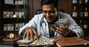 ভুল চিকিৎসা ও কমিশন চক্রে জড়িত এক ডাক্তারের প্রতীকী ছবি, যেখানে টাকার লোভ ও ওষুধের বাণিজ্য দেখানো হয়েছে।