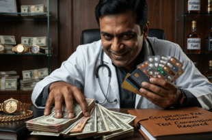 ভুল চিকিৎসা ও কমিশন চক্রে জড়িত এক ডাক্তারের প্রতীকী ছবি, যেখানে টাকার লোভ ও ওষুধের বাণিজ্য দেখানো হয়েছে।