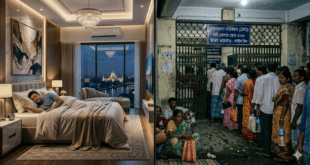 পশ্চিমবঙ্গের সরকারি হাসপাতালের বাইরে দীর্ঘ লাইনে দাঁড়িয়ে থাকা সাধারণ মানুষ, একদিকে আরামদায়ক জীবনের প্রতীক।