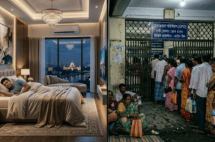 পশ্চিমবঙ্গের সরকারি হাসপাতালের বাইরে দীর্ঘ লাইনে দাঁড়িয়ে থাকা সাধারণ মানুষ, একদিকে আরামদায়ক জীবনের প্রতীক।