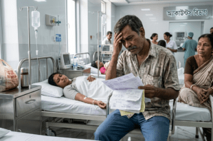 সরকারি চিকিৎসার সীমাবদ্ধতায় বেসরকারি হাসপাতালে চিকিৎসা—হাতে বিল দেখে দুশ্চিন্তায় রোগীর পরিবার।