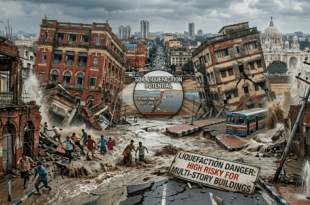 Earthquake Kolkata (ভূমিকম্প) – নরম পলিমাটির ওপর দাঁড়িয়ে থাকা কলকাতায় লিকুইফ্যাকশনের সম্ভাবনা, হেলে পড়া বহুতল ভবন ও সিসমিক ঝুঁকির ভয়াবহ চিত্র।