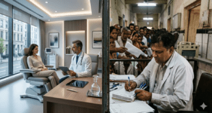 ভারতের প্রাইভেট হাসপাতালের বিলাসবহুল কক্ষ ও সরকারি হাসপাতালের ভিড়ভাট্টার বাস্তবতার তীব্র পার্থক্য।