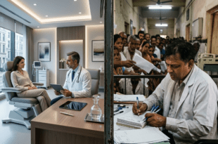 ভারতের প্রাইভেট হাসপাতালের বিলাসবহুল কক্ষ ও সরকারি হাসপাতালের ভিড়ভাট্টার বাস্তবতার তীব্র পার্থক্য।