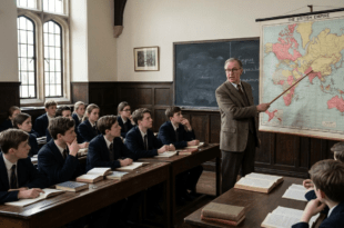 ভারতে ব্রিটিশ শাসন নিয়ে পাঠদান, ব্রিটিশ সাম্রাজ্যের মানচিত্র দেখিয়ে ক্লাসে ইতিহাস পড়াচ্ছেন শিক্ষক।