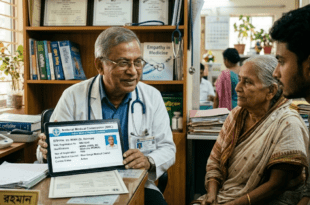 Doctor Registration Number যাচাই করছেন এমন একজন অভিজ্ঞ ডাক্তার ও রোগী.