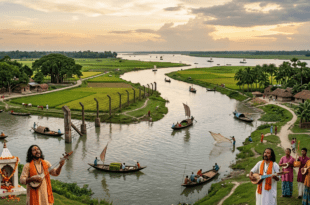 ভারত-বাংলাদেশ: নদীমাতৃক গ্রাম্য পটভূমিতে দুই বাংলার মরমী সাধক, বাউল এবং রবীন্দ্রনাথ-নজরুলের স্মরণে ভারত-বাংলাদেশ সম্প্রীতির প্রতীকী চিত্র।