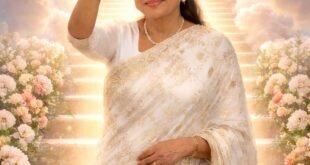 স্বর্গীয় আলোর সিঁড়ির সামনে সাদা শাড়িতে হাত নেড়ে বিদায় জানাচ্ছেন আশা ভোঁসলে–এর প্রতীকী চিত্র।