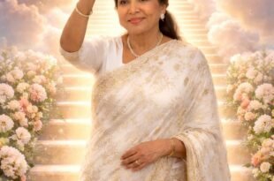 স্বর্গীয় আলোর সিঁড়ির সামনে সাদা শাড়িতে হাত নেড়ে বিদায় জানাচ্ছেন আশা ভোঁসলে–এর প্রতীকী চিত্র।