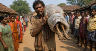 জিতু মুন্ডা কাঁধে প্লাস্টিকে মোড়ানো দিদির কঙ্কাল নিয়ে গ্রামের পথ ধরে হাঁটছেন, কেউনঝর ওড়িশার মর্মান্তিক ঘটনা।