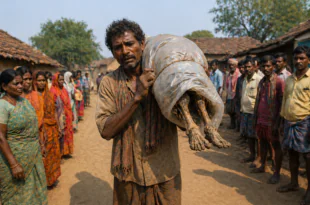জিতু মুন্ডা কাঁধে প্লাস্টিকে মোড়ানো দিদির কঙ্কাল নিয়ে গ্রামের পথ ধরে হাঁটছেন, কেউনঝর ওড়িশার মর্মান্তিক ঘটনা।