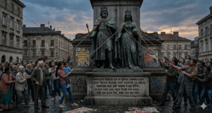 অত্যাচারী শাসকরূপী নেতা-নেত্রীর মূর্তিকে দড়ি দিয়ে টেনে নামাচ্ছে সাধারণ মানুষ এবং নিচে লেখা– ‘দড়ি ধরে মারো টান, রাজা হবে খান খান’— উন্নয়নের প্রচার বিরোধী প্রতীকী চিত্র।