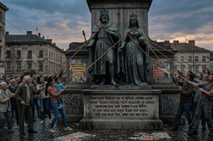 অত্যাচারী শাসকরূপী নেতা-নেত্রীর মূর্তিকে দড়ি দিয়ে টেনে নামাচ্ছে সাধারণ মানুষ এবং নিচে লেখা– ‘দড়ি ধরে মারো টান, রাজা হবে খান খান’— উন্নয়নের প্রচার বিরোধী প্রতীকী চিত্র।