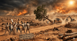 মহারাষ্ট্রের Nashik-এ কুম্ভমেলার প্রস্তুতিতে শতবর্ষী গাছ উপড়ে ফেলা, জ্বলন্ত আকাশের নিচে বুলডোজার, পাশে প্রতিবাদকারীদের আটকে দিচ্ছে পুলিশ—উন্নয়নের নামে পরিবেশ ধ্বংসের নির্মম দৃশ্য।