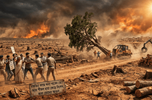 মহারাষ্ট্রের Nashik-এ কুম্ভমেলার প্রস্তুতিতে শতবর্ষী গাছ উপড়ে ফেলা, জ্বলন্ত আকাশের নিচে বুলডোজার, পাশে প্রতিবাদকারীদের আটকে দিচ্ছে পুলিশ—উন্নয়নের নামে পরিবেশ ধ্বংসের নির্মম দৃশ্য।