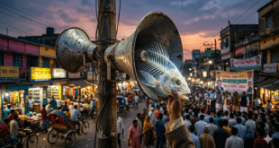 উন্নয়ন যেন মাছের কাঁটা হয়ে প্রচারসর্বস্ব মাইকের গলায় আটকে আছে—এমন প্রতীকী রাজনৈতিক দৃশ্য বা বলা যায়, প্রচারমুখী মাইকের গলায় আটকে থাকা মাছের কাঁটার মতো উন্নয়নের প্রতীকী চিত্র, যেখানে বাস্তব কাজ বের হতে পারছে না।