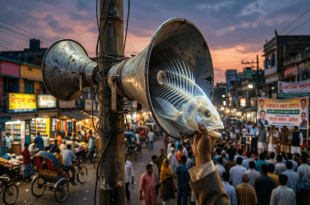 উন্নয়ন যেন মাছের কাঁটা হয়ে প্রচারসর্বস্ব মাইকের গলায় আটকে আছে—এমন প্রতীকী রাজনৈতিক দৃশ্য বা বলা যায়, প্রচারমুখী মাইকের গলায় আটকে থাকা মাছের কাঁটার মতো উন্নয়নের প্রতীকী চিত্র, যেখানে বাস্তব কাজ বের হতে পারছে না।
