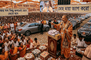 ভণ্ড বাবা বিশাল জনসমাবেশে আশীর্বাদের নামে বিভিন্ন ভক্তদের থেকে উপহারস্বরূপ টাকা ও অন্যান্য সামগ্রী নিচ্ছেন, সামনে বিলাসবহুল নিরাপত্তা গাড়ির সারি, নিজের দামী এসি গাড়ি, হাতে রোলেক্সের ঘড়ি ও অন্ধভক্তদের ভিড়—আর মুখে ত্যাগের মহৎ বাণী।