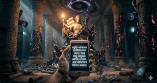 অন্ধকার প্রাচীন স্থাপত্যের ভেতরে হাতে ধরা স্মার্টফোন, তার স্ক্রিনে বার্তা ভেসে উঠছে এবং চারপাশে রহস্যময় প্রযুক্তি ও ভয়ের প্রতীকী উপাদান—যা “ইন্টারনেটের অন্ধকার জগৎ”-এর বিপজ্জনক বাস্তবতাকে তুলে ধরে।