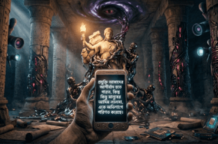 অন্ধকার প্রাচীন স্থাপত্যের ভেতরে হাতে ধরা স্মার্টফোন, তার স্ক্রিনে বার্তা ভেসে উঠছে এবং চারপাশে রহস্যময় প্রযুক্তি ও ভয়ের প্রতীকী উপাদান—যা “ইন্টারনেটের অন্ধকার জগৎ”-এর বিপজ্জনক বাস্তবতাকে তুলে ধরে।