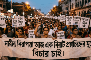 ভারতে মেয়েদের নিরাপত্তা নিয়ে কলকাতায় নারীদের প্রতিবাদ মিছিল, হাতে প্ল্যাকার্ড ও বিচার দাবির স্লোগান।