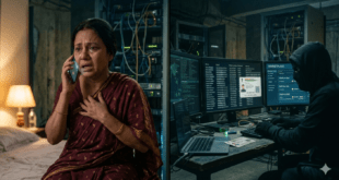 ডিজিটাল জালিয়াতির শিকার এক মহিলা ফোনে আতঙ্কিত, পেছনে হ্যাকার কম্পিউটারে ব্যক্তিগত তথ্য চুরি করছে।