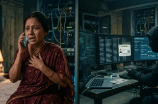 ডিজিটাল জালিয়াতির শিকার এক মহিলা ফোনে আতঙ্কিত, পেছনে হ্যাকার কম্পিউটারে ব্যক্তিগত তথ্য চুরি করছে।