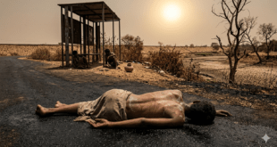 জলবায়ু পরিবর্তনের ফলে তীব্র তাপপ্রবাহে রাস্তায় অচেতন হয়ে পড়া এক ব্যক্তি, পাশে শুকনো জমি ও পানির সংকটে থাকা মানুষ।